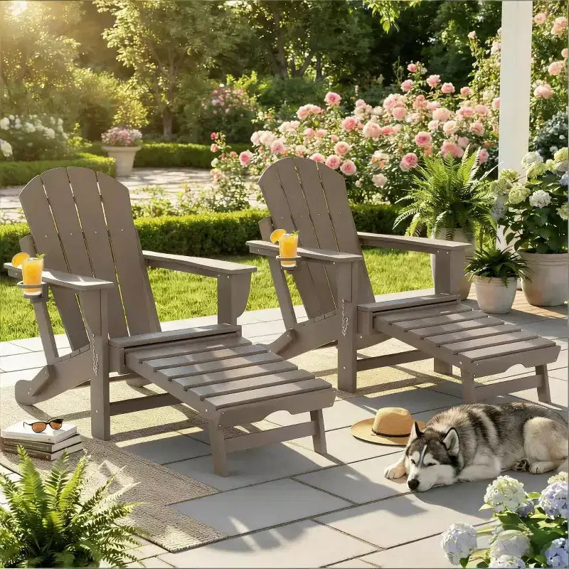 Set di 2 sedie pieghevoli Adirondack da falò con poggiapiedi a scomparsa, comfort extra-large, portabicchieri, sedute da patio per esterni in HDPE per tutte le stagioni-Panipeachy