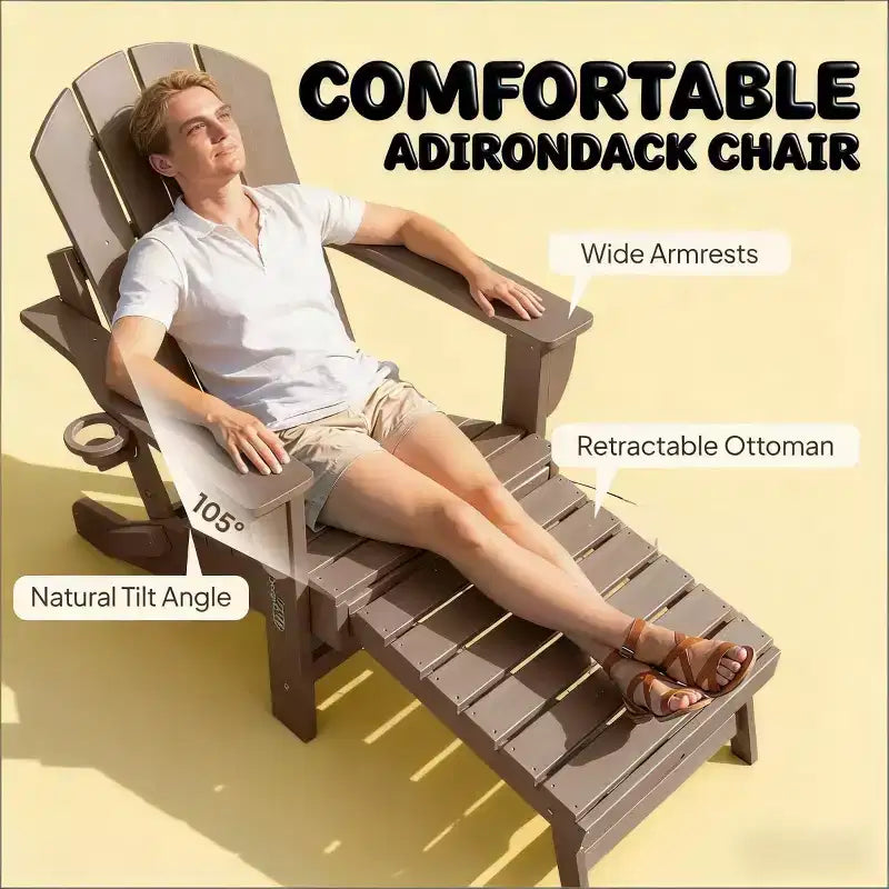 Set di 2 sedie pieghevoli Adirondack da falò con poggiapiedi a scomparsa, comfort extra-large, portabicchieri, sedute da patio per esterni in HDPE per tutte le stagioni-Panipeachy