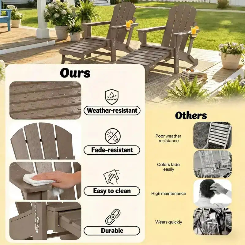 Set di 2 sedie pieghevoli Adirondack da falò con poggiapiedi a scomparsa, comfort extra-large, portabicchieri, sedute da patio per esterni in HDPE per tutte le stagioni-Panipeachy