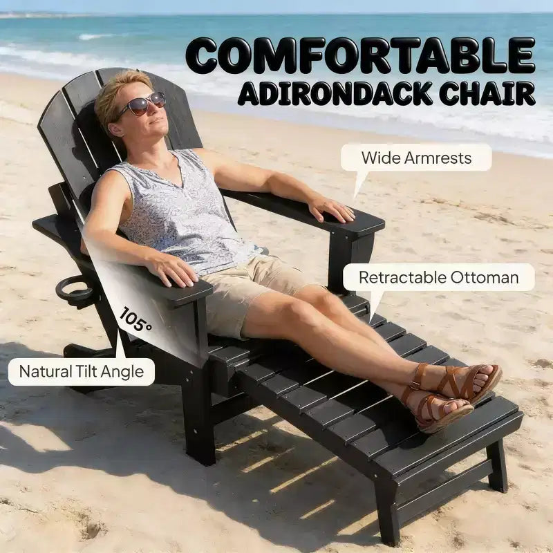 Set di 2 sedie pieghevoli Adirondack da falò con poggiapiedi a scomparsa, comfort extra-large, portabicchieri, sedute da patio per esterni in HDPE per tutte le stagioni-Panipeachy