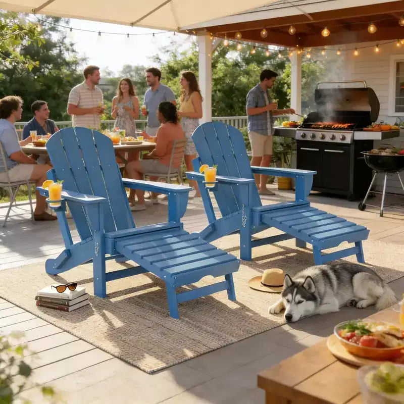 Set di 2 sedie pieghevoli Adirondack da falò con poggiapiedi a scomparsa, comfort extra-large, portabicchieri, sedute da patio per esterni in HDPE per tutte le stagioni-Panipeachy
