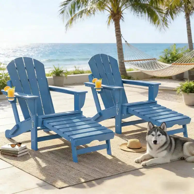 Set di 2 sedie pieghevoli Adirondack da falò con poggiapiedi a scomparsa, comfort extra-large, portabicchieri, sedute da patio per esterni in HDPE per tutte le stagioni-Panipeachy