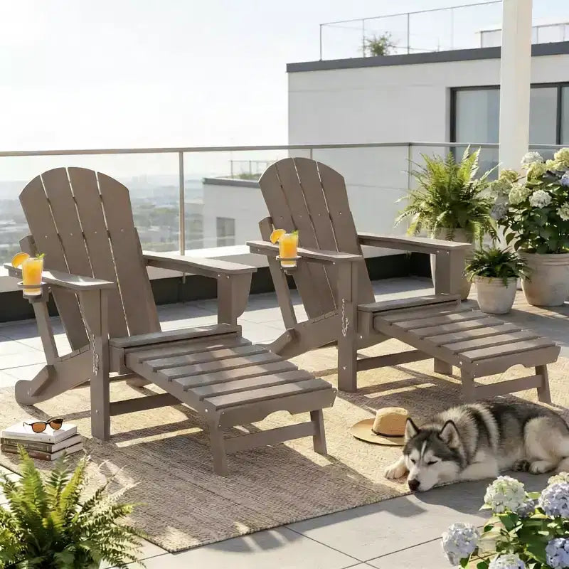 Set di 2 sedie pieghevoli Adirondack da falò con poggiapiedi a scomparsa, comfort extra-large, portabicchieri, sedute da patio per esterni in HDPE per tutte le stagioni-Panipeachy