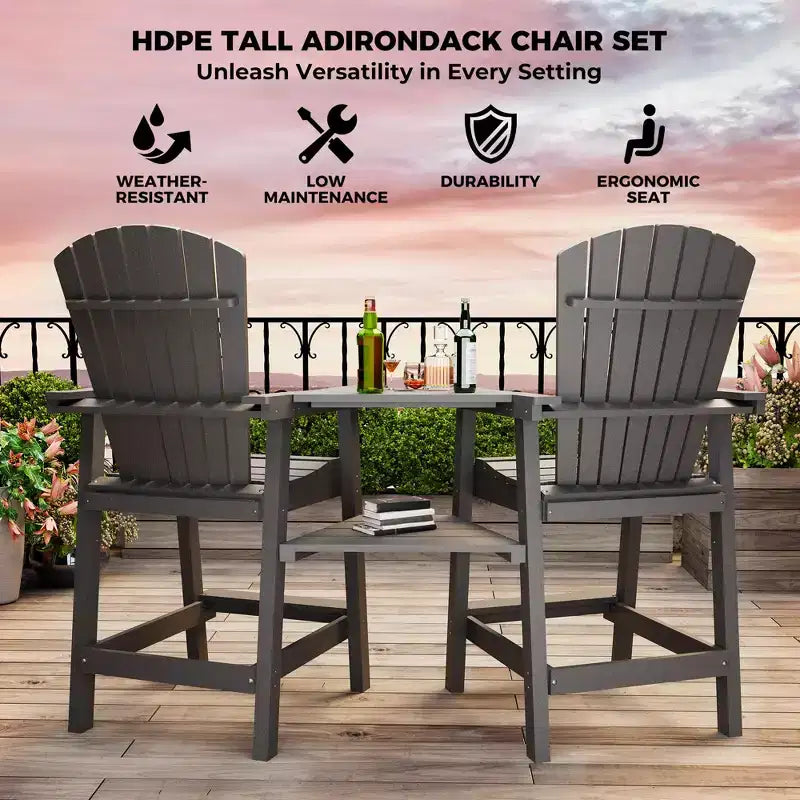 Set di 2 sedie Adirondack alte, Sgabelli alti da bar con vassoio di collegamento e poggiapiedi, Sedie riciclate resistenti alle intemperie per patio, balcone, giardino