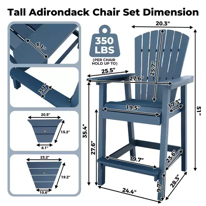 Set di 2 sedie Adirondack alte, Sgabelli alti da bar con vassoio di collegamento e poggiapiedi, Sedie riciclate resistenti alle intemperie per patio, balcone, giardino