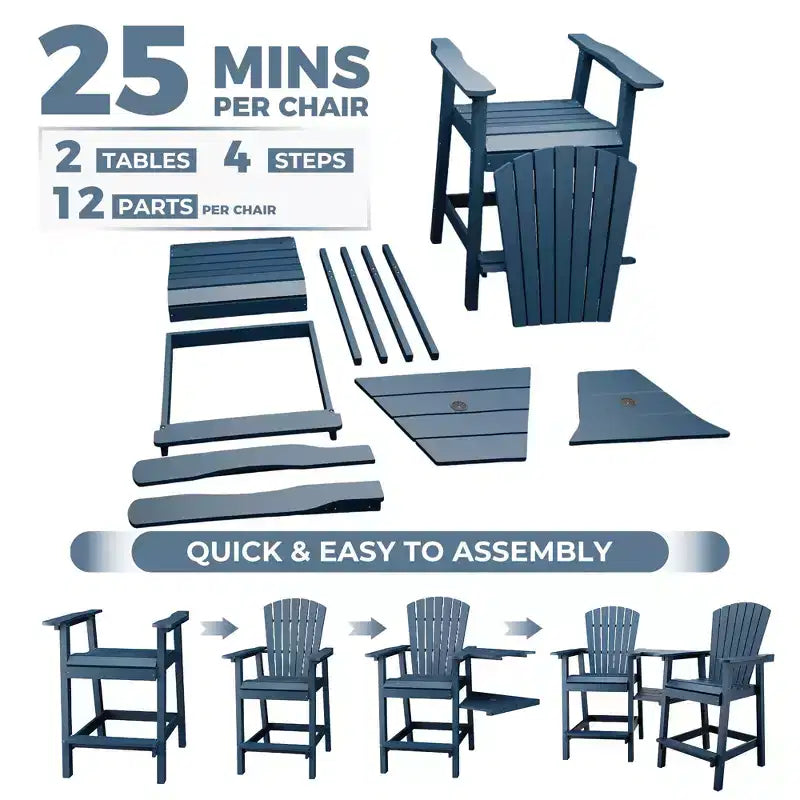Set di 2 sedie Adirondack alte, Sgabelli alti da bar con vassoio di collegamento e poggiapiedi, Sedie riciclate resistenti alle intemperie per patio, balcone, giardino