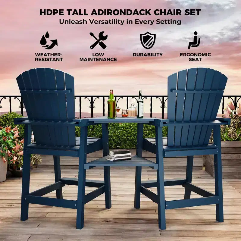 Set di 2 sedie Adirondack alte, Sgabelli alti da bar con vassoio di collegamento e poggiapiedi, Sedie riciclate resistenti alle intemperie per patio, balcone, giardino