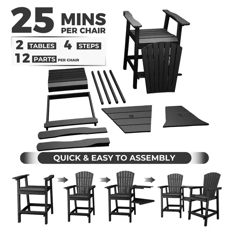 Set di 2 sedie Adirondack alte, Sgabelli alti da bar con vassoio di collegamento e poggiapiedi, Sedie riciclate resistenti alle intemperie per patio, balcone, giardino