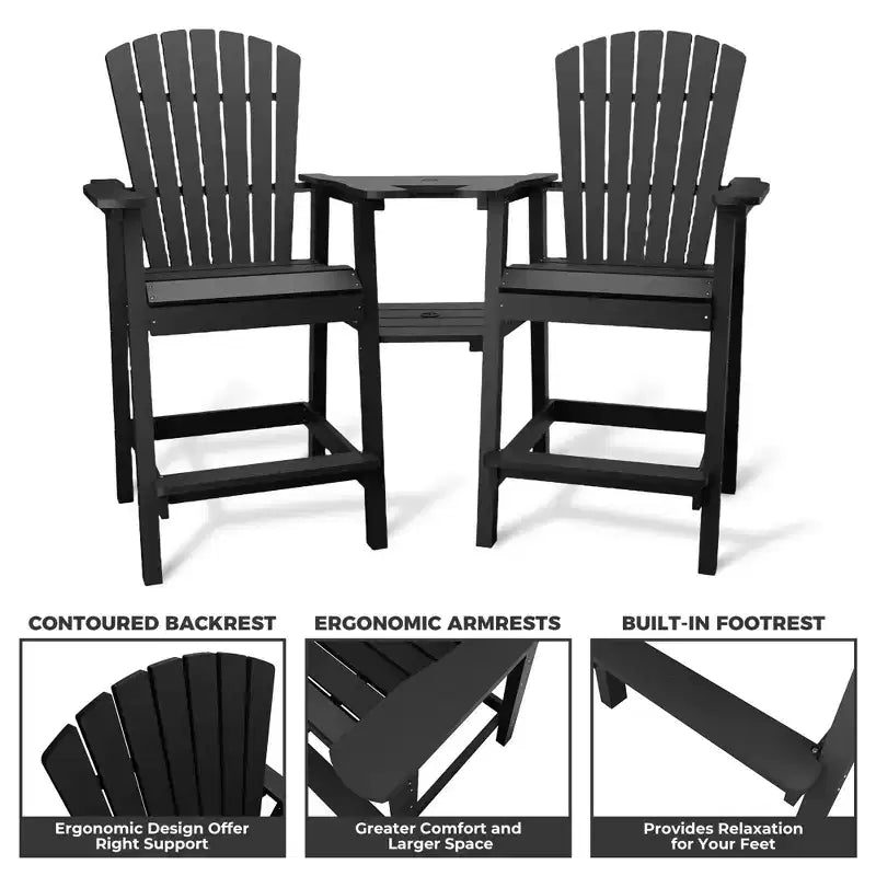 Set di 2 sedie Adirondack alte, Sgabelli alti da bar con vassoio di collegamento e poggiapiedi, Sedie riciclate resistenti alle intemperie per patio, balcone, giardino