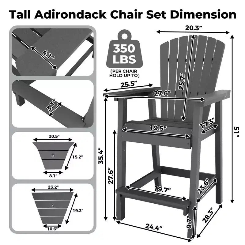 Set di 2 sedie Adirondack alte, Sgabelli alti da bar con vassoio di collegamento e poggiapiedi, Sedie riciclate resistenti alle intemperie per patio, balcone, giardino