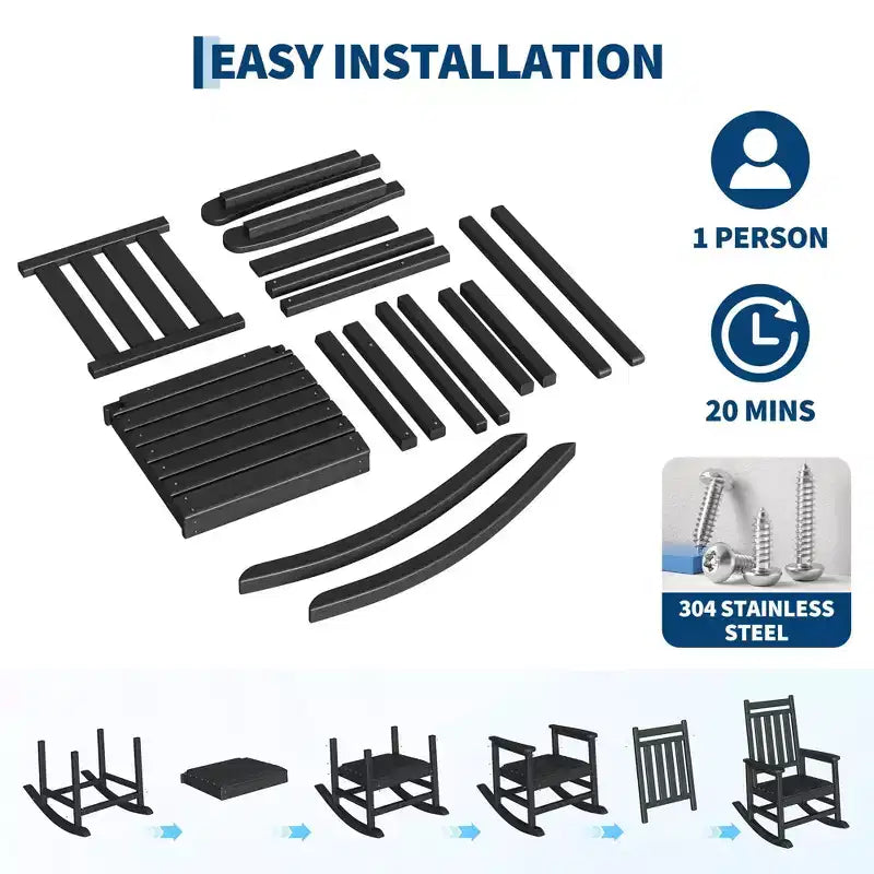 Set di 2 sedie a dondolo in HDPE con 1 tavolino, sedia a dondolo Adirondack con schienale alto, set di mobili resistenti a tutte le condizioni atmosferiche per portico, giardino
