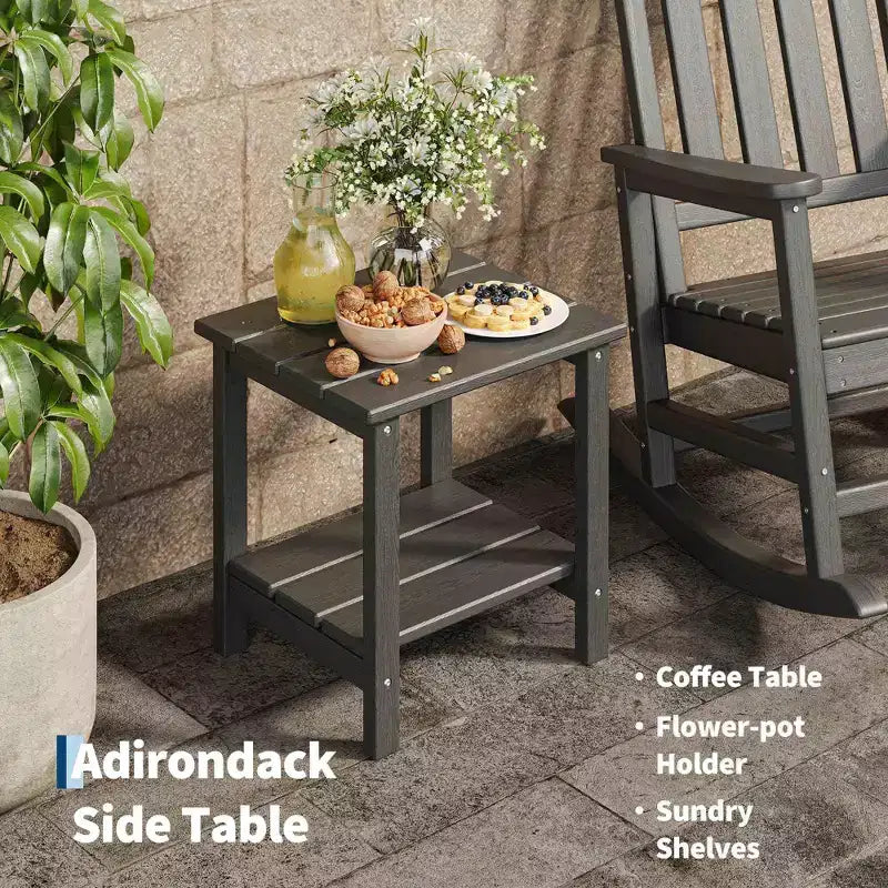 Set di 2 sedie a dondolo in HDPE con 1 tavolino, sedia a dondolo Adirondack con schienale alto, set di mobili resistenti a tutte le condizioni atmosferiche per portico, giardino
