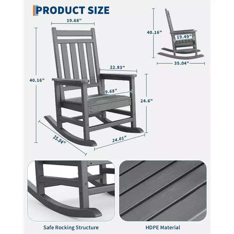Set di 2 sedie a dondolo in HDPE con 1 tavolino, sedia a dondolo Adirondack con schienale alto, set di mobili resistenti a tutte le condizioni atmosferiche per portico, giardino