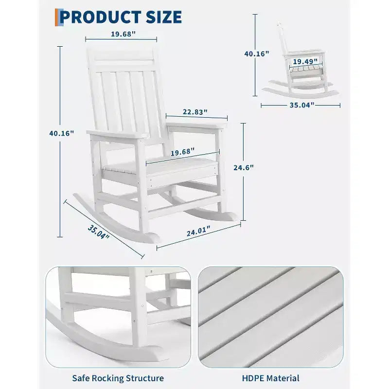 Set di 2 sedie a dondolo in HDPE con 1 tavolino, sedia a dondolo Adirondack con schienale alto, set di mobili resistenti a tutte le condizioni atmosferiche per portico, giardino