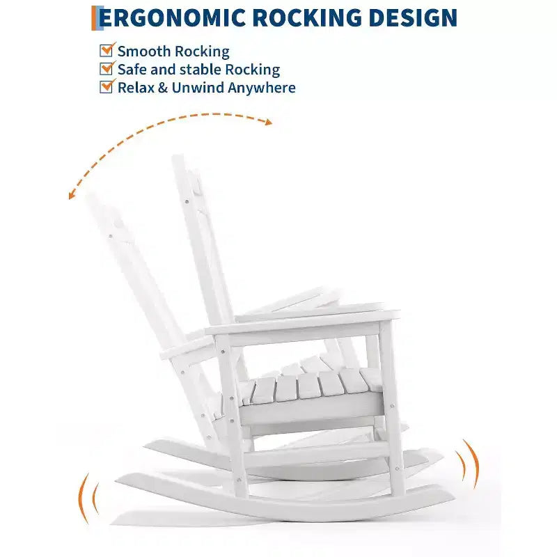 Set di 2 sedie a dondolo in HDPE con 1 tavolino, sedia a dondolo Adirondack con schienale alto, set di mobili resistenti a tutte le condizioni atmosferiche per portico, giardino