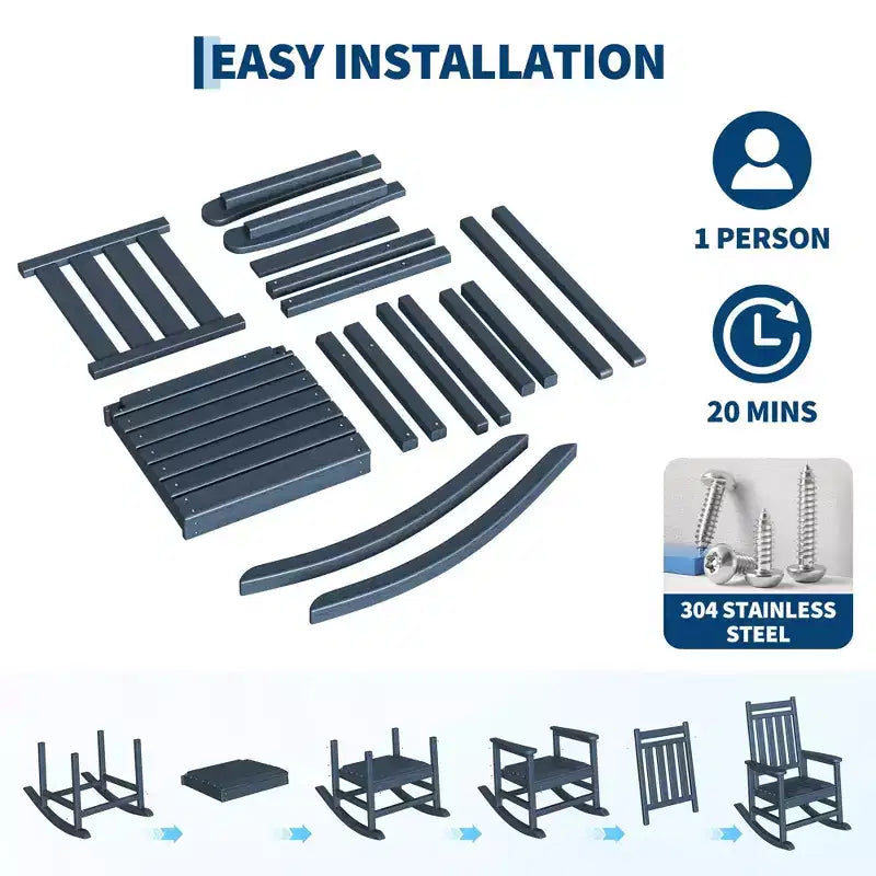 Set di 2 sedie a dondolo in HDPE con 1 tavolino, sedia a dondolo Adirondack con schienale alto, set di mobili resistenti a tutte le condizioni atmosferiche per portico, giardino