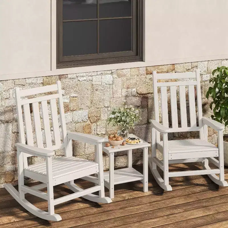 Lot de 2 chaises à bascule en PEHD avec 1 table d'appoint, chaises à bascule Adirondack à dossier haut, ensemble de meubles toutes saisons pour porche, jardin