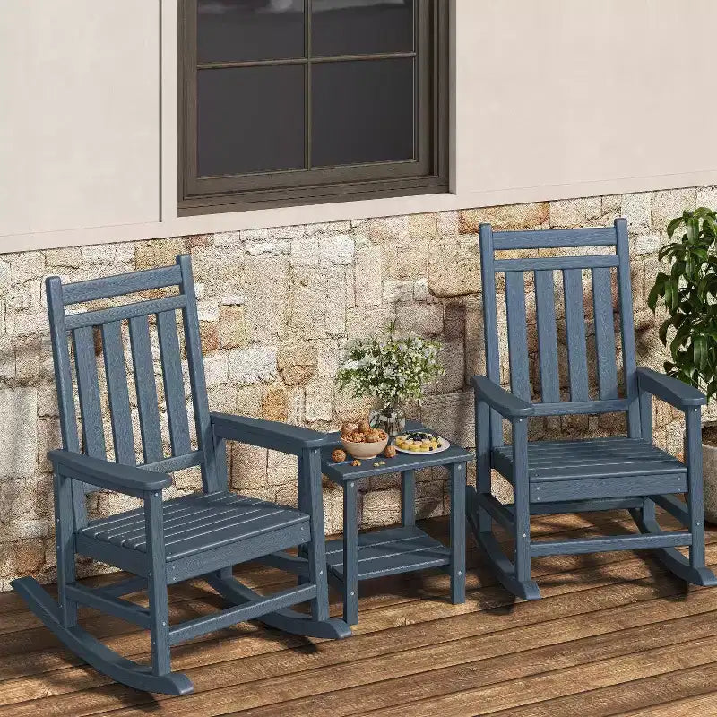 Lot de 2 chaises à bascule en PEHD avec 1 table d'appoint, chaises à bascule Adirondack à dossier haut, ensemble de meubles toutes saisons pour porche, jardin
