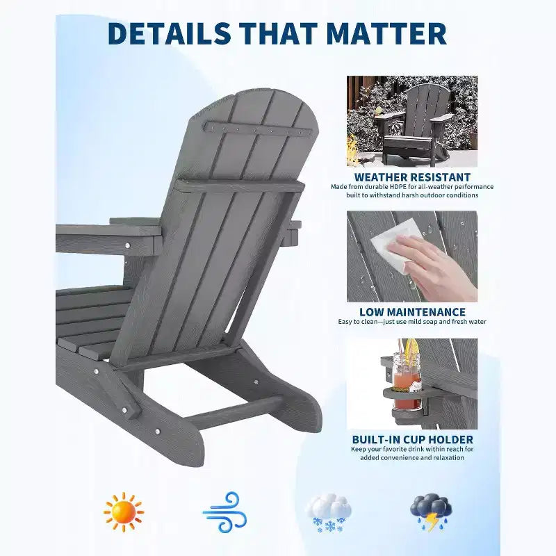 Sedie Adirondack Pieghevoli con Portabicchieri - 61L x 81P x 91A Sedie da Esterno in HDPE Resistenti alle Intemperie per Patio, Terrazzo e Giardino