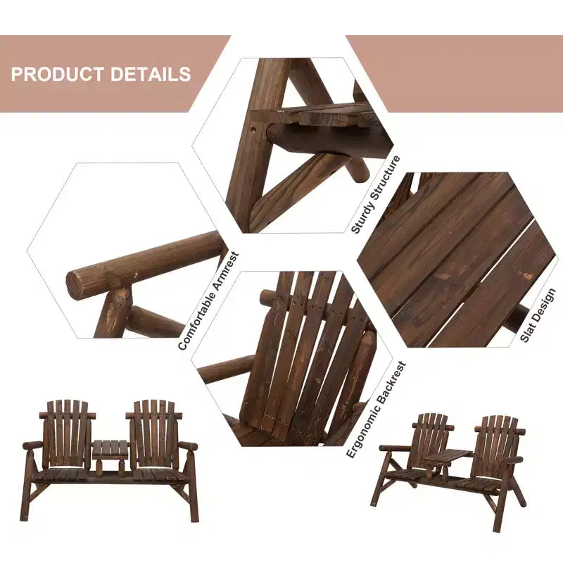 Sedia Adirondack in Legno a 2 Posti, Panca da Giardino con Tavolino, Divanetto da Esterno per Falò per Veranda, Terrazza