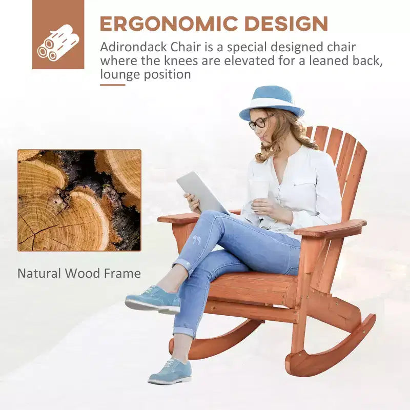Sedia a Dondolo da Esterno Adirondack in Legno, Seduta per Focolare, con Design a Doghe in Legno e Schienale a Ventaglio