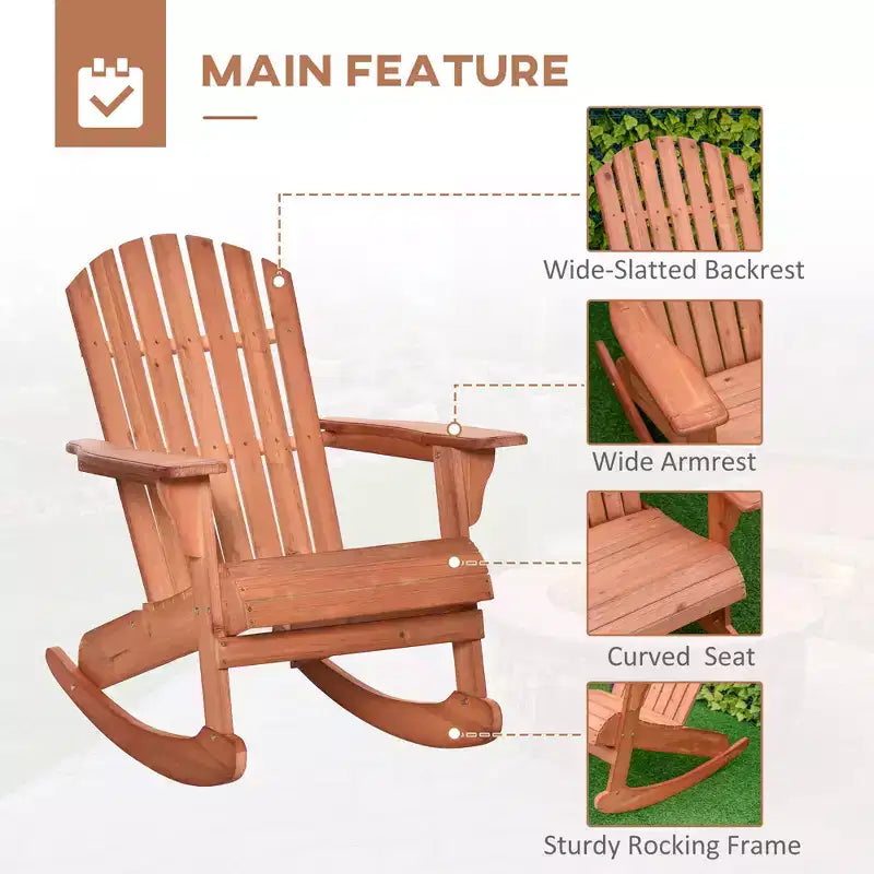 Sedia a Dondolo da Esterno Adirondack in Legno, Seduta per Focolare, con Design a Doghe in Legno e Schienale a Ventaglio