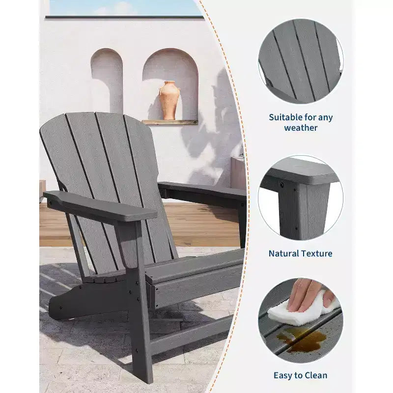 Set di 2 sedie da patio pieghevoli Adirondack in HDPE con tavolino, mobili da esterno per tutte le stagioni per cortile, balcone, piscina, prato, braciere, grigio
