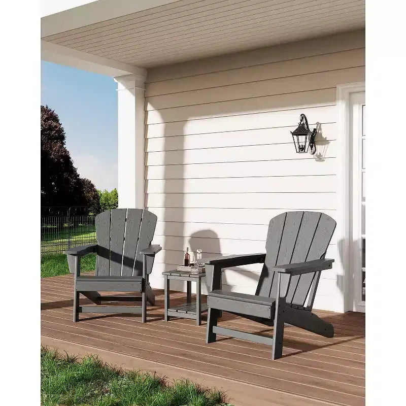 Set di 2 sedie da patio pieghevoli Adirondack in HDPE con tavolino, mobili da esterno per tutte le stagioni per cortile, balcone, piscina, prato, braciere, grigio
