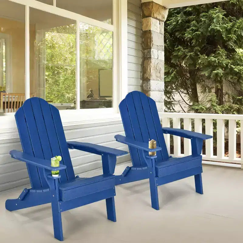 Sedia Pieghevole Adirondack da Giardino Costway Resistente alle Intemperie con Portabicchieri da Esterno Blu Scuro