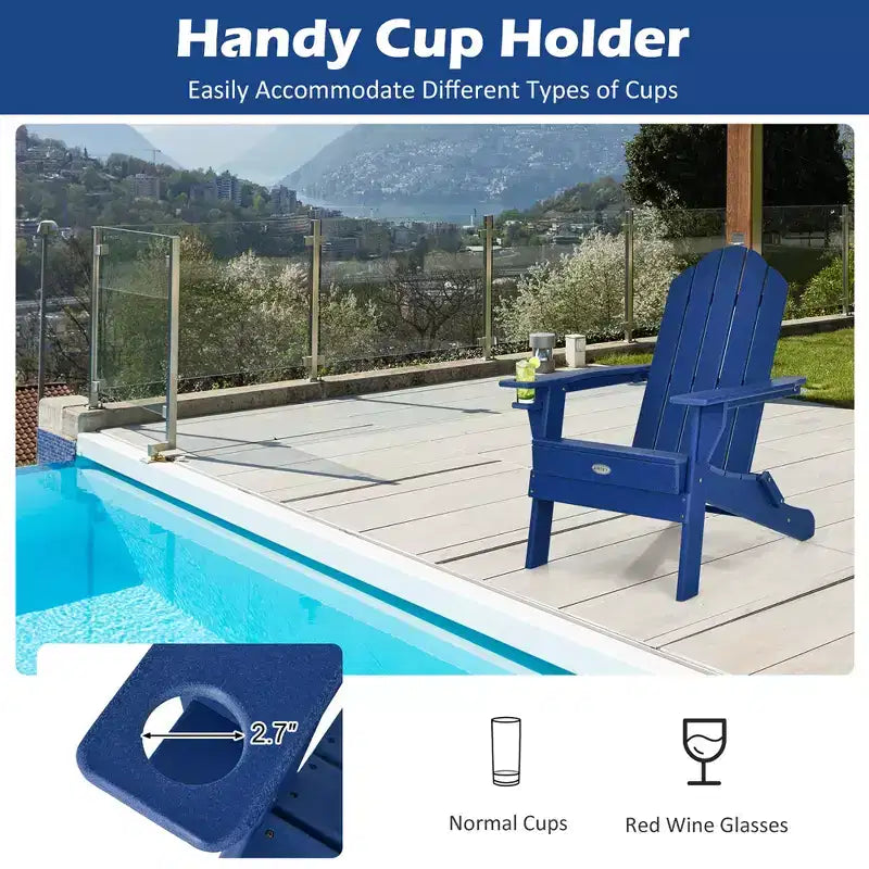 Sedia Pieghevole Adirondack da Giardino Costway Resistente alle Intemperie con Portabicchieri da Esterno Blu Scuro