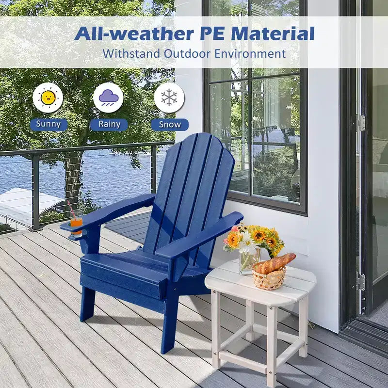 Sedia Pieghevole Adirondack da Giardino Costway Resistente alle Intemperie con Portabicchieri da Esterno Blu Scuro