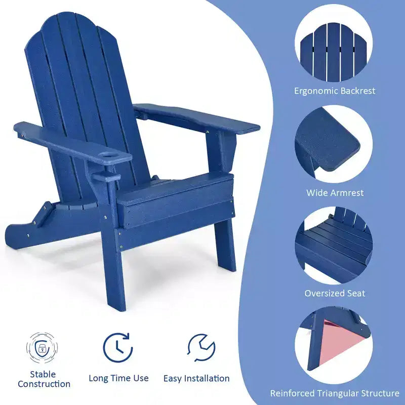 Sedia Pieghevole Adirondack da Giardino Costway Resistente alle Intemperie con Portabicchieri da Esterno Blu Scuro