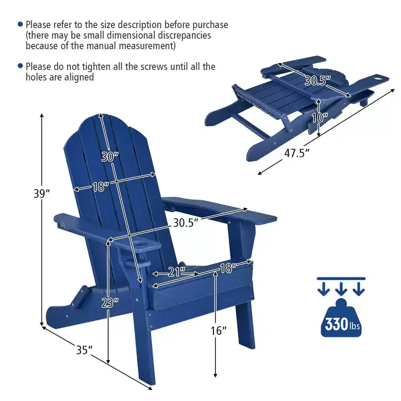Sedia Pieghevole Adirondack da Giardino Costway Resistente alle Intemperie con Portabicchieri da Esterno Blu Scuro