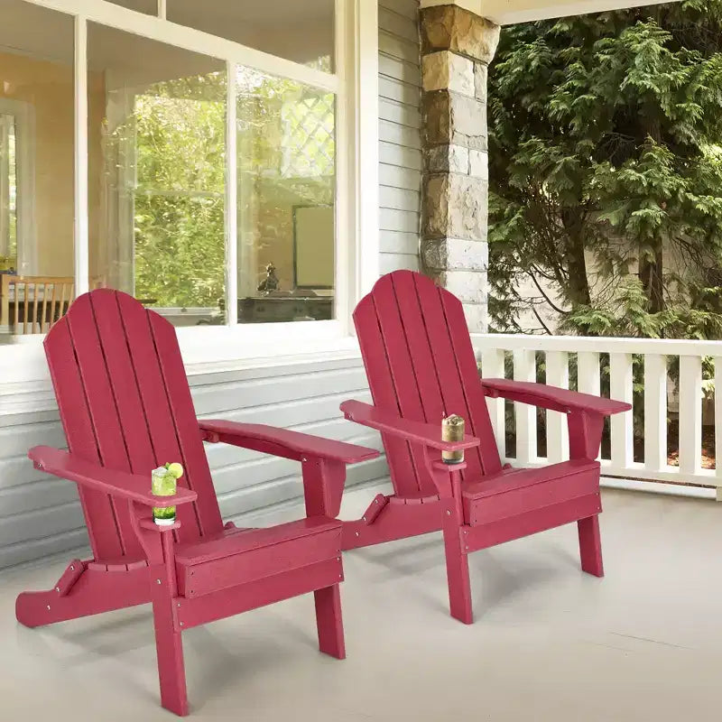Costway Sedia Pieghevole da Esterno Adirondack Resistente alle Intemperie con Portabicchieri da Giardino Rossa