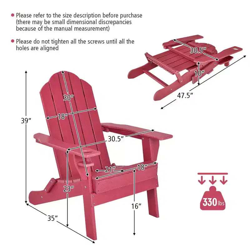 Costway Sedia Pieghevole da Esterno Adirondack Resistente alle Intemperie con Portabicchieri da Giardino Rossa