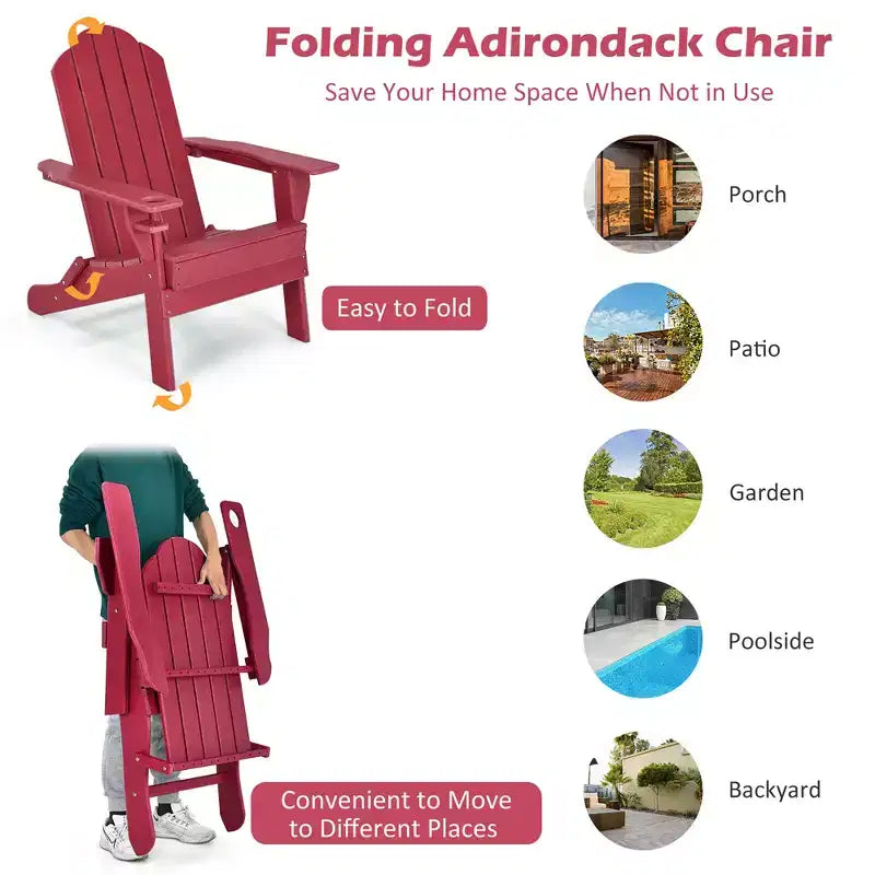 Costway 2 SEDIE Adirondack Pieghevoli da Giardino Resistenti alle Intemperie con Portabicchieri, Rosse