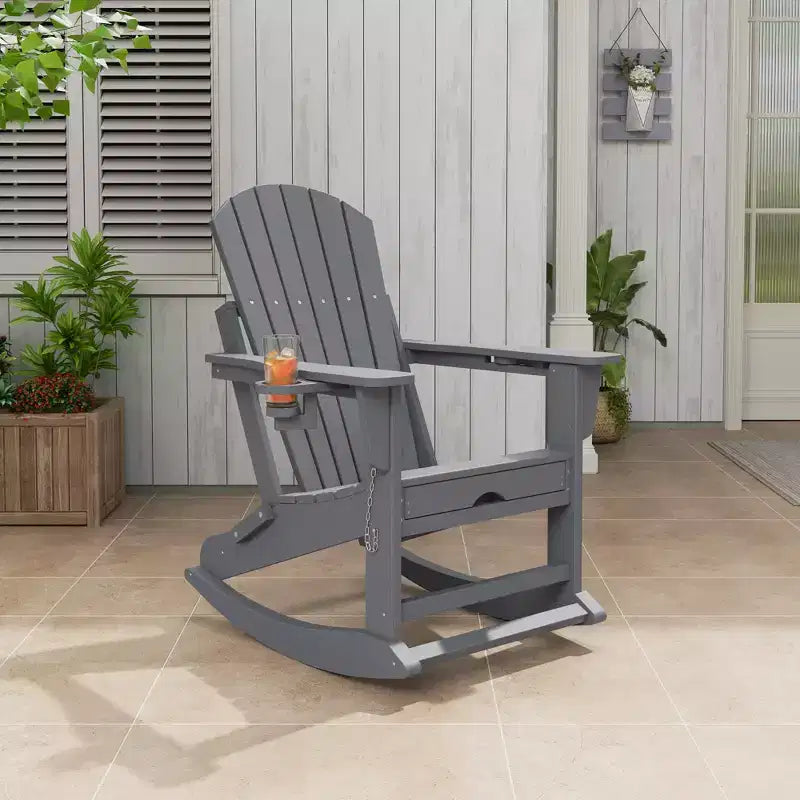 Sedia a dondolo pieghevole Adirondack per esterni, sdraio in HDPE per tutte le stagioni, resistente, con portabicchieri a scomparsa e pouf per giardino