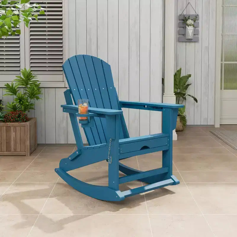 Sedia a dondolo pieghevole Adirondack per esterni, sdraio in HDPE per tutte le stagioni, resistente, con portabicchieri a scomparsa e pouf per giardino