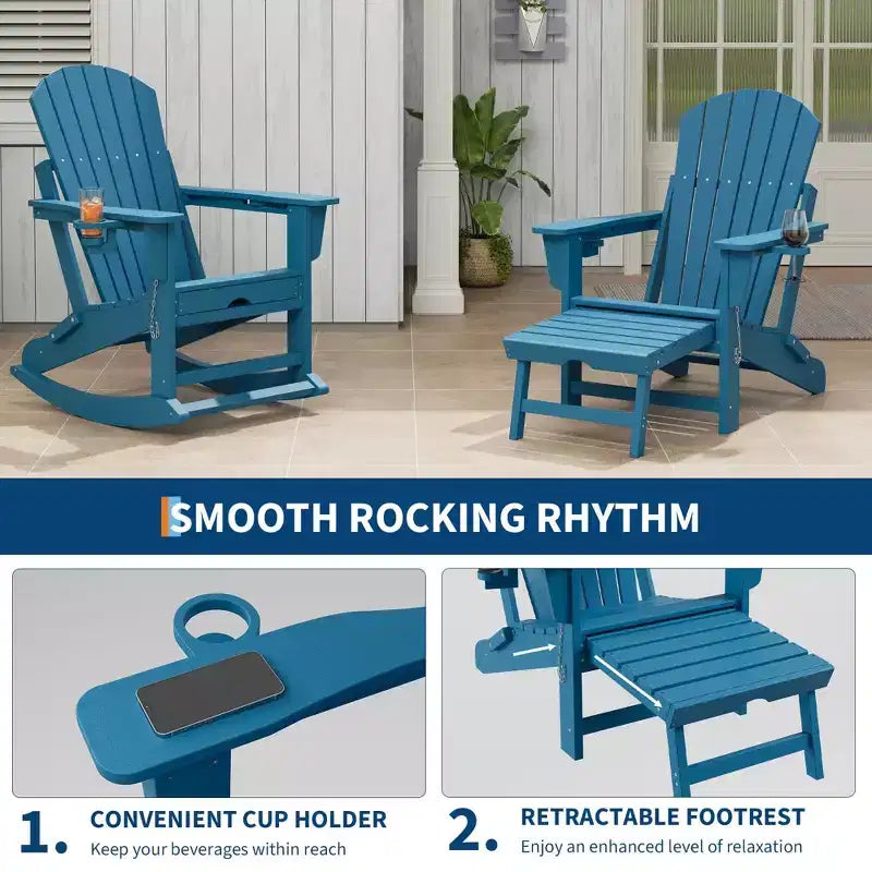 Sedia a dondolo pieghevole Adirondack per esterni, sdraio in HDPE per tutte le stagioni, resistente, con portabicchieri a scomparsa e pouf per giardino