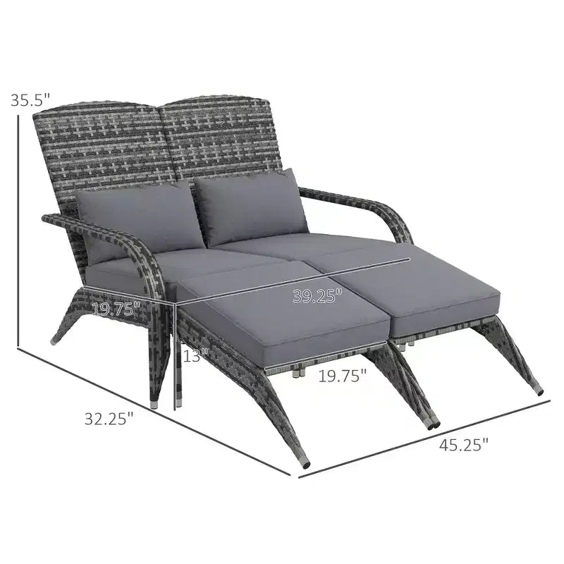Sedia Adirondack in vimini per 2 con cuscini e poggiapiedi, sedia a sdraio doppia in rattan PE, sedia da braciere per portico con braccioli larghi, schienale alto