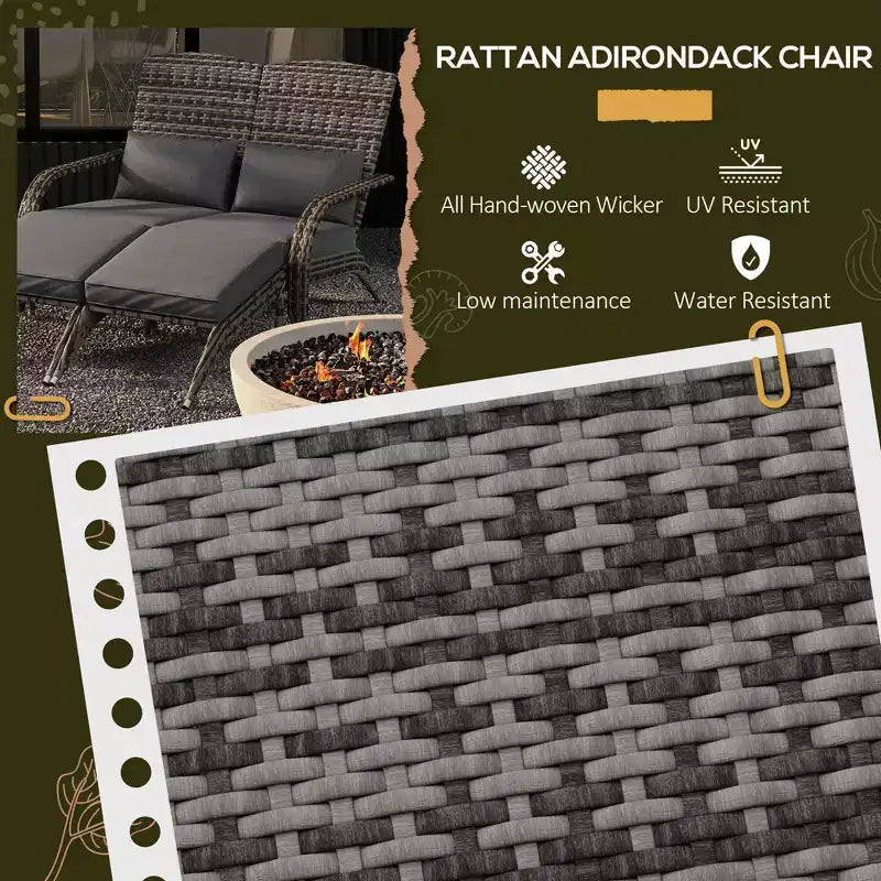 Sedia Adirondack in vimini per 2 con cuscini e poggiapiedi, sedia a sdraio doppia in rattan PE, sedia da braciere per portico con braccioli larghi, schienale alto