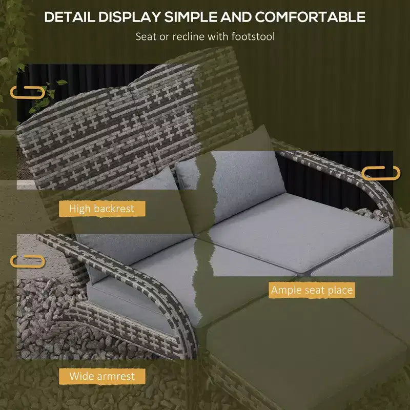 Sedia Adirondack in vimini per 2 con cuscini e poggiapiedi, sedia a sdraio doppia in rattan PE, sedia da braciere per portico con braccioli larghi, schienale alto