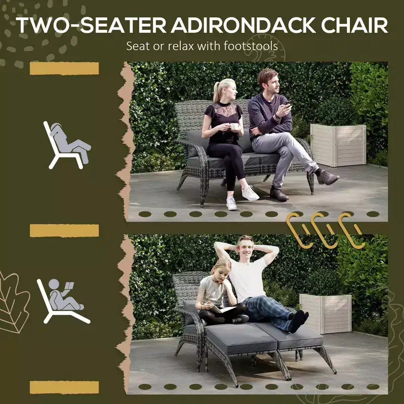 Sedia Adirondack in vimini per 2 con cuscini e poggiapiedi, sedia a sdraio doppia in rattan PE, sedia da braciere per portico con braccioli larghi, schienale alto