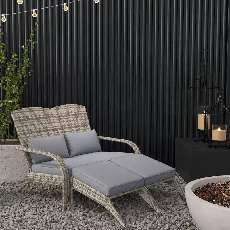 Sedia Adirondack in vimini per 2 con cuscini e poggiapiedi, sedia a sdraio doppia in rattan PE, sedia da braciere per portico con braccioli larghi, schienale alto