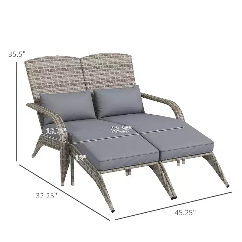 Sedia Adirondack in vimini per 2 con cuscini e poggiapiedi, sedia a sdraio doppia in rattan PE, sedia da braciere per portico con braccioli larghi, schienale alto