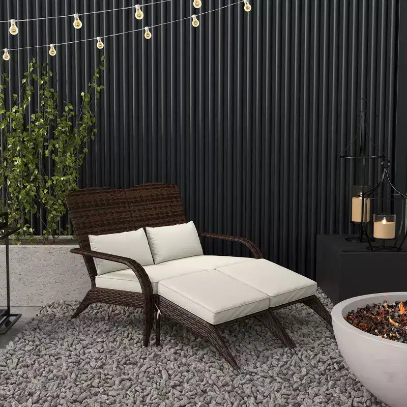 Sedia Adirondack in vimini per 2 con cuscini e poggiapiedi, sedia a sdraio doppia in rattan PE, sedia da braciere per portico con braccioli larghi, schienale alto