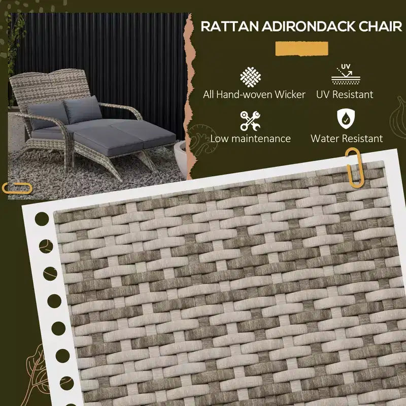 Sedia Adirondack in vimini per 2 con cuscini e poggiapiedi, sedia a sdraio doppia in rattan PE, sedia da braciere per portico con braccioli larghi, schienale alto