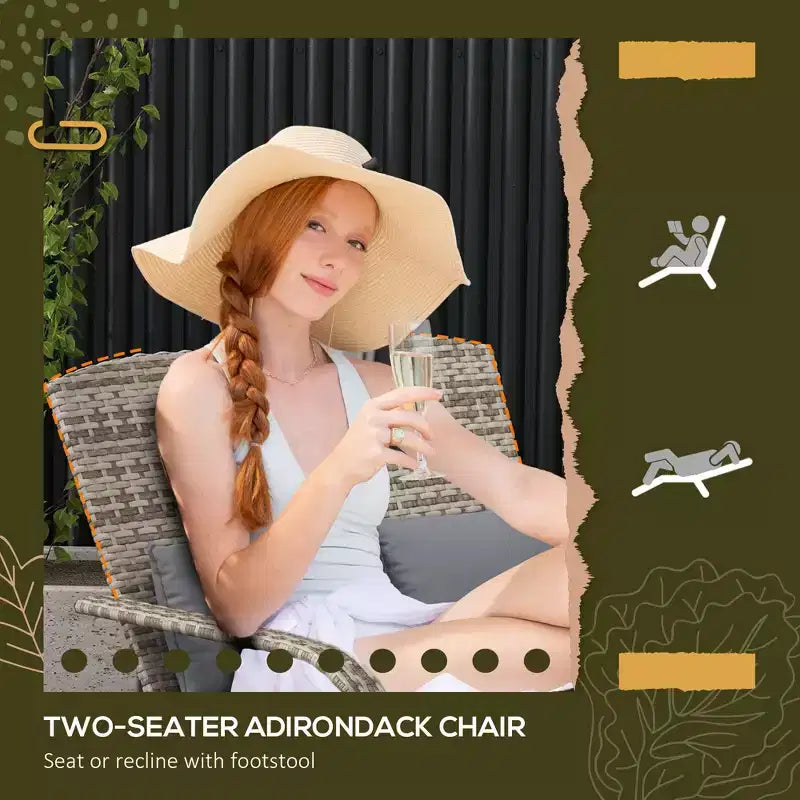 Sedia Adirondack in vimini per 2 con cuscini e poggiapiedi, sedia a sdraio doppia in rattan PE, sedia da braciere per portico con braccioli larghi, schienale alto