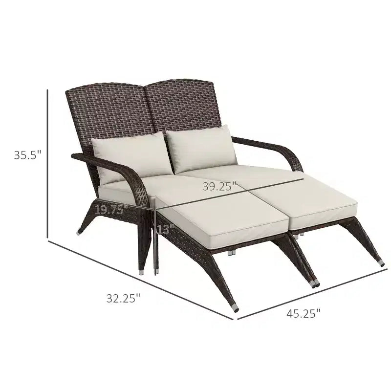 Sedia Adirondack in vimini per 2 con cuscini e poggiapiedi, sedia a sdraio doppia in rattan PE, sedia da braciere per portico con braccioli larghi, schienale alto