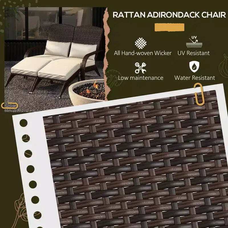 Sedia Adirondack in vimini per 2 con cuscini e poggiapiedi, sedia a sdraio doppia in rattan PE, sedia da braciere per portico con braccioli larghi, schienale alto